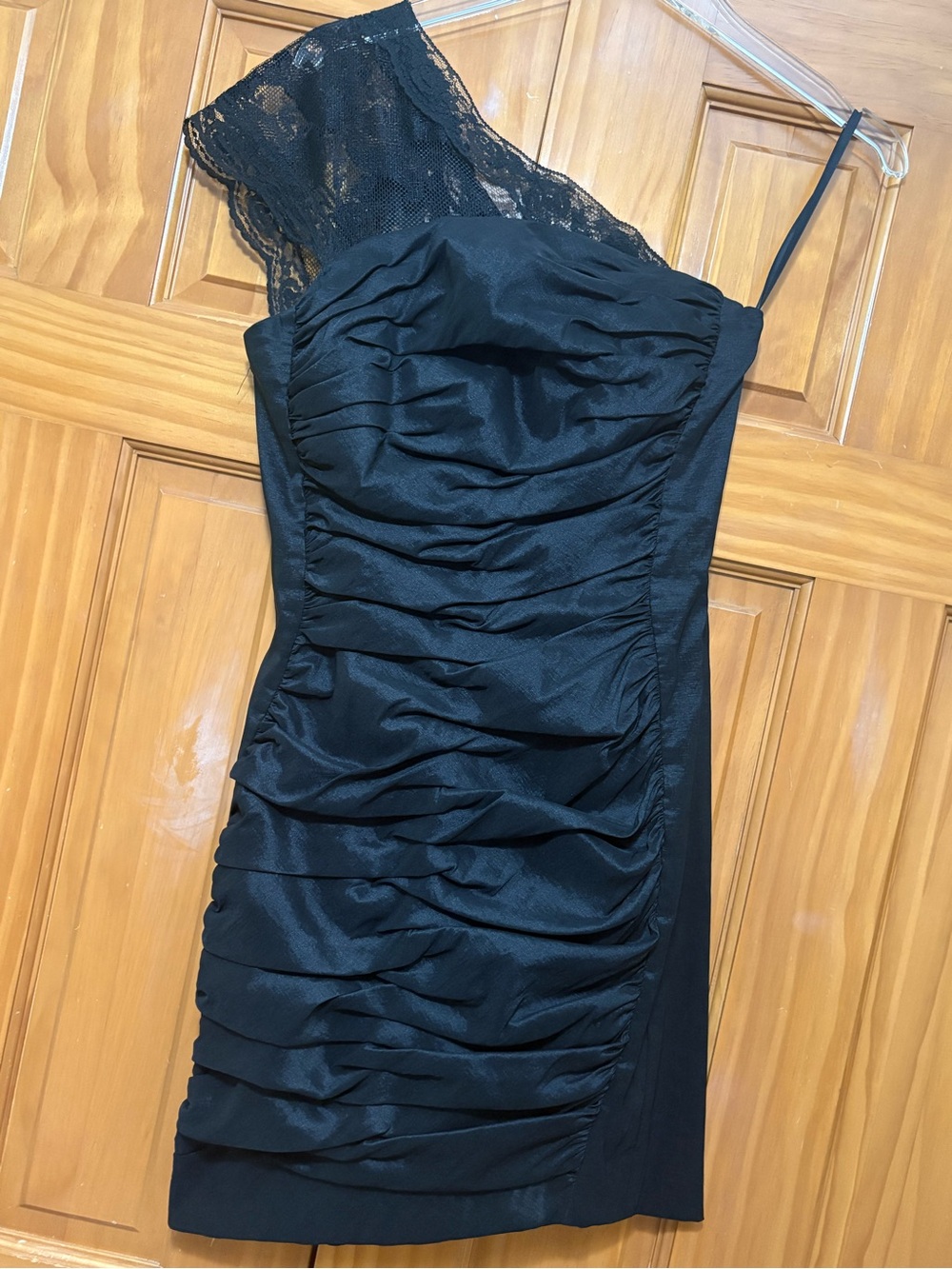 Jessica McClintock Black One-Shoulder Ruched Lace Cocktail Dress Size 10 EUC